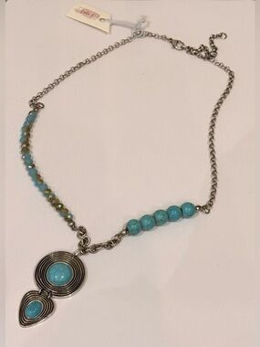 Turquoise Bead Pendant Necklace with Silver-Tone Chain